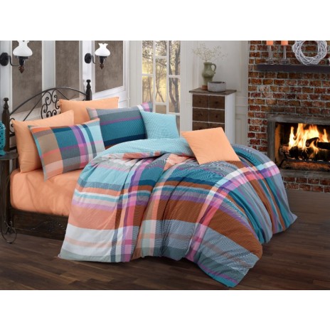 Lenjerie de pat din bumbac ranforce Nicol cu design geometric în culori de albastru, portocaliu și mov