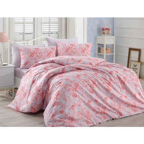 Lenjerie de pat pentru o persoană Bahar Home Nova, bumbac 100% ranforce, design roz și alb, motive florale delicate