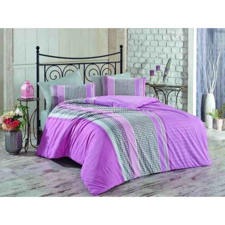 Lenjerie de pat dublu bumbac 100% ranforce roz, alb și negru cu design geometric - Bahar Home Pelin Pink