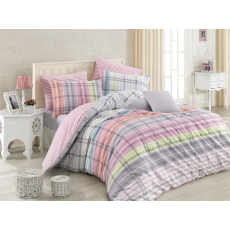 Lenjerie de pat din bumbac ranforce Riva cu design în carouri multicolore, nuanțe de roz, verde, gri și alb