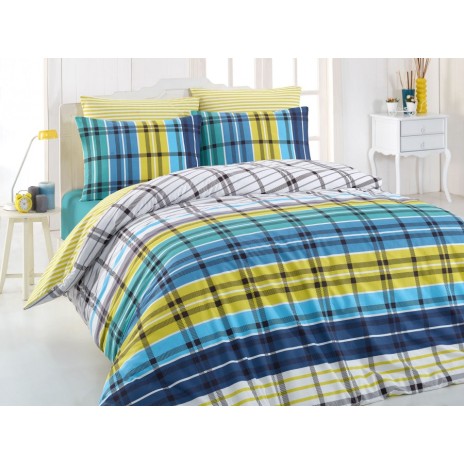 Lenjerie de pat din bumbac ranforce Riva V4 cu design în carouri mari, în nuanțe de albastru, galben, verde și alb
