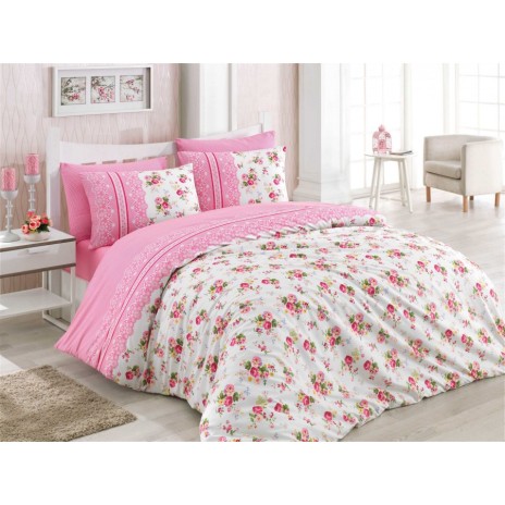 Lenjerie de pat dublu Bahar Home Rosa, bumbac 100% ranforce, design roz si alb, motive florale delicate ai dantela