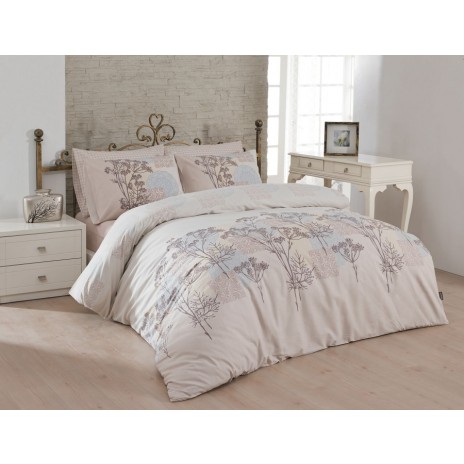 Lenjerie de pat din bumbac ranforce Bahar Home Sayanora V2 cu design elegant în nuanțe de bej și albastru pastel, cu motive vegetale și geometrice.