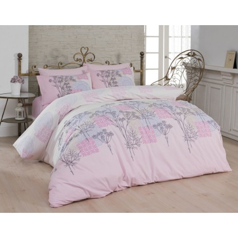 Lenjerie de pat din bumbac ranforce Bahar Home Sayanora V3 cu design elegant în nuanțe de roz și albastru pastel, cu motive vegetale și geometrice.
