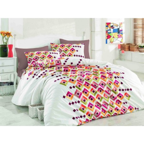 Lenjerie de pat pentru o persoană Bahar Home Serried, bumbac 100% ranforce, design roșu, portocaliu și verde, motive geometrice viu colorate