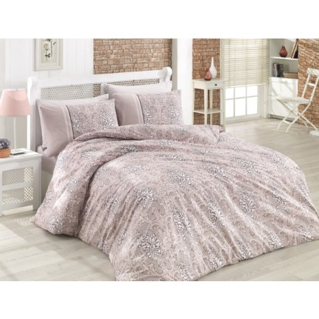 Lenjerie de pat din bumbac ranforce Siria V1 cu design floral baroc, în nuanțe de bej deschis și alb