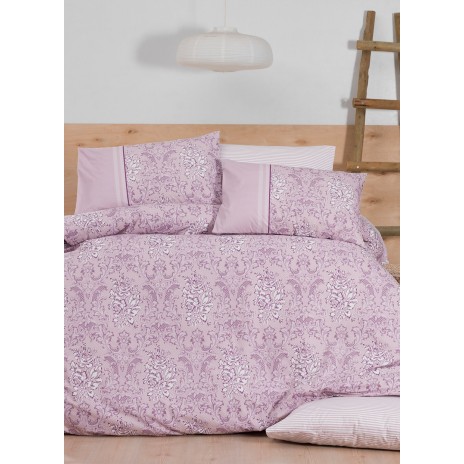 Lenjerie de pat din bumbac ranforce Siria V3 cu design floral baroc, în nuanțe de mov deschis și alb
