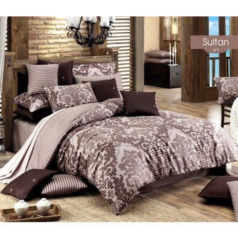 Lenjerie de pat de lux din bumbac satinat Bahar Sultan v1 în nuanțe maro și bej, design baroc și dungi