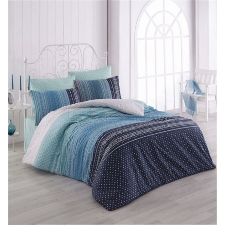 Lenjerie de pat din bumbac ranforce Summer V1 cu design în dungi orizontale și modele geometrice, în nuanțe de albastru închis, albastru deschis și alb