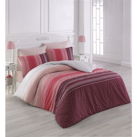 Lenjerie de pat din bumbac ranforce Bahar Home Summer V3 cu design geometric în nuanțe de roșu și roz.