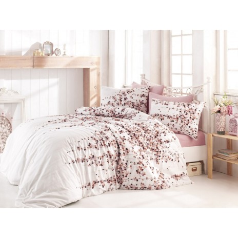 Lenjerie de pat dublu bumbac 100% ranforce alb cu flori maro și roz - Bahar Home Time Pink