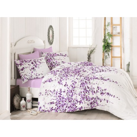 Lenjerie de pat dublu bumbac 100% ranforce alb cu flori mov și roz - Bahar Home Time Pink