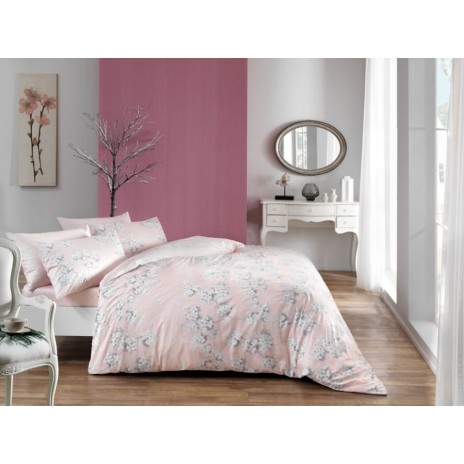 Lenjerie de pat Tac din bumbac satinat, 4 piese, cu design floral roz delicat și elegant