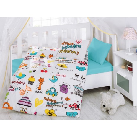 Lenjerie patut bebelusi bumbac 100% ranforce, Cotton Box, Mutlu Bebek - White