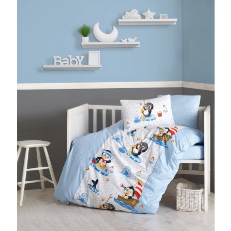 Lenjerii patut bebelusi bbc 100% ranforce, Cotton Box, Penguen - Blue