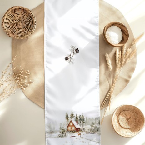 Napron Craciun Glow bumbac 100% cu cabana si peisaj de iarna 40x150cm