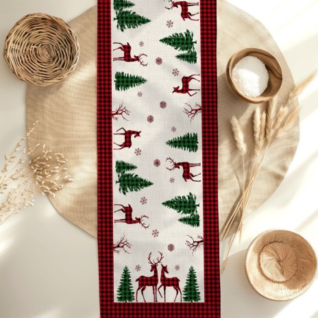 Napron Craciun Santa 40x150cm din bumbac 100% cu reni si brazi