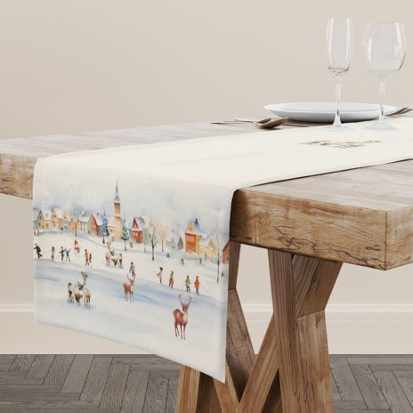 Napron craciun joy bumbac 100% 40x200cm cu peisaj de iarna