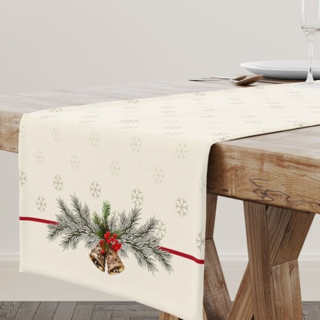 Napron Craciun Holly din bumbac 100% 40x200cm cu clopotei aurii si crengute de brad