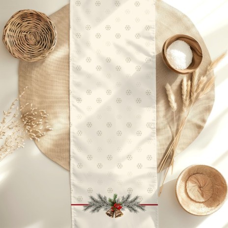 Napron Craciun Holly din bumbac 100% 40x200cm cu clopotei aurii si crengute de brad