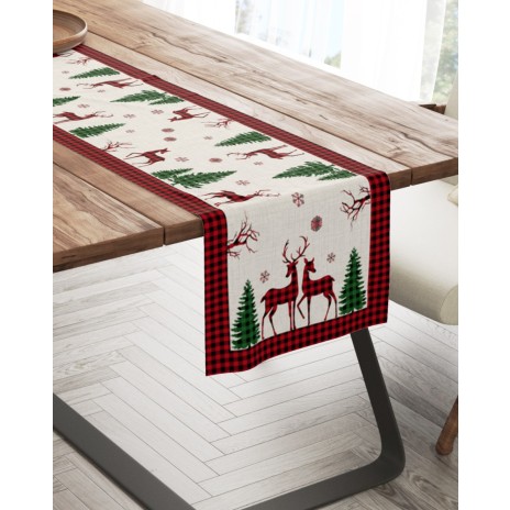 Napron Crăciun Santa, bumbac 100%, 40x200cm, cu reni și brazi, bordură carouri