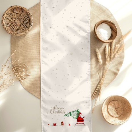 Napron Craciun Dexy Ecru 40x150cm bumbac 100% cu Mos Craciun si brad