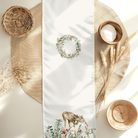 Napron Craciun Jasmin din bumbac 100% cu reni si peisaj de iarna