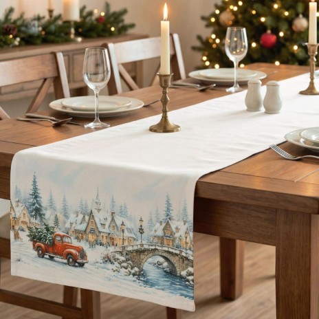 Napron Craciun Home for Christmas 40x200 cm alb cu sat inzapezit, pod de piatra, brazi si camioneta rosie