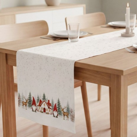 Napron Craciun Koa 40x200 cm alb crem cu gnomi, casuta inzapezita, brazi si reni