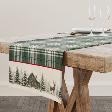 Napron Craciun Vanya 40x150 cm cu carouri verzi, cabana inzapezita, brazi si cerb