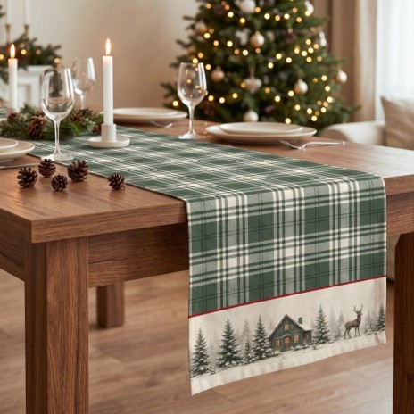 Napron Craciun Vanya 40x150 cm cu carouri verzi, cabana inzapezita, brazi si cerb