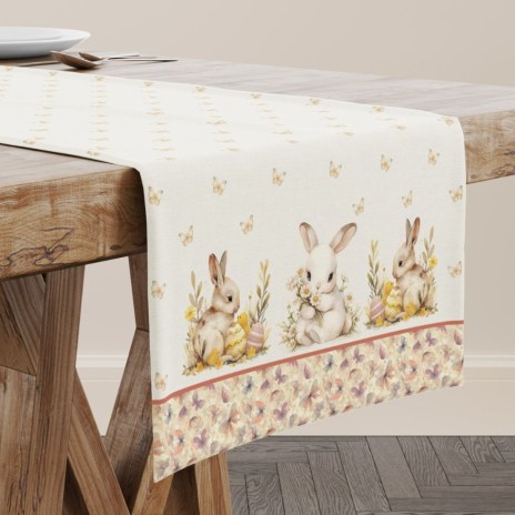 Napron decorativ 40x150 cm bumbac 100 model Ginny cu iepurasi fluturi si flori pastel