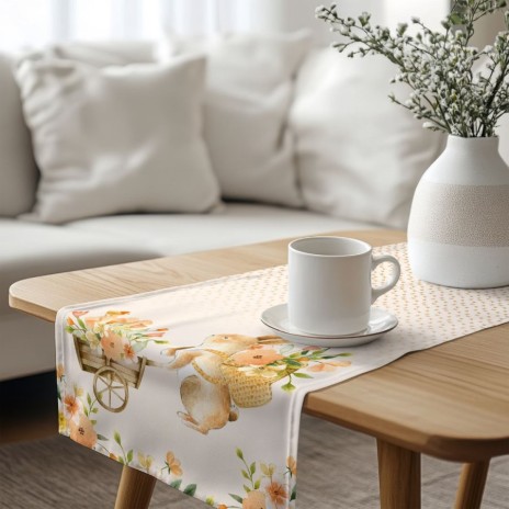 Napron 40x150 cm bumbac 100% Londy cu iepuras si carucior cu flori de primavara