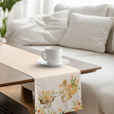 Napron 40x150 cm bumbac 100% Londy cu iepuras si carucior cu flori de primavara
