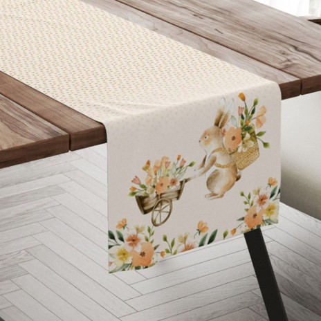Napron 40x150 cm bumbac 100% Londy cu iepuras si carucior cu flori de primavara