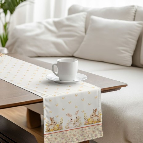 Napron decorativ 40x200 cm bumbac 100 model Ginny cu iepurasi fluturi si flori pastel