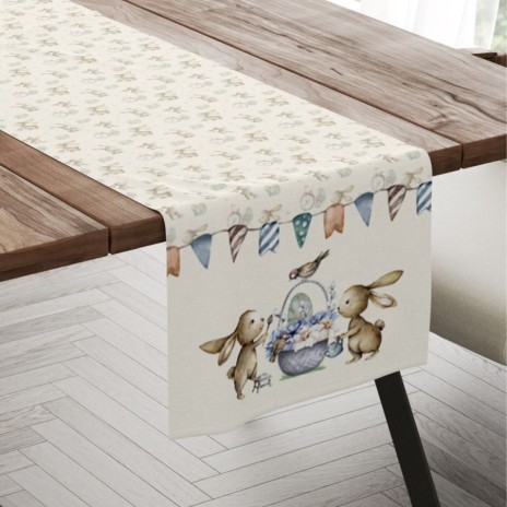 Napron Paste 40x150 cm bumbac 100%, model cu iepurași, ghirlande și coș pascal – Club Cotton Feta