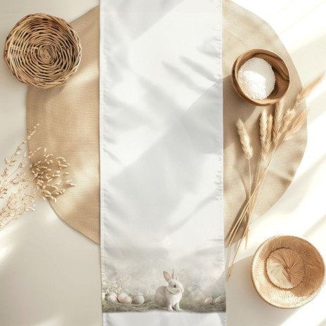 Napron decorativ 40x150 cm bumbac 100 model Cleos cu iepuras si decor rustic natural