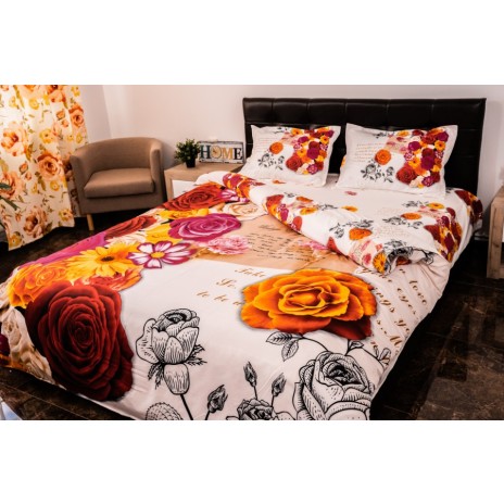 Lenjerie de pat dublu cu imprimeu 3D de flori multicolore și mesaje romantice pe fundal alb. Lenjerii de pat 1+1 gratis.