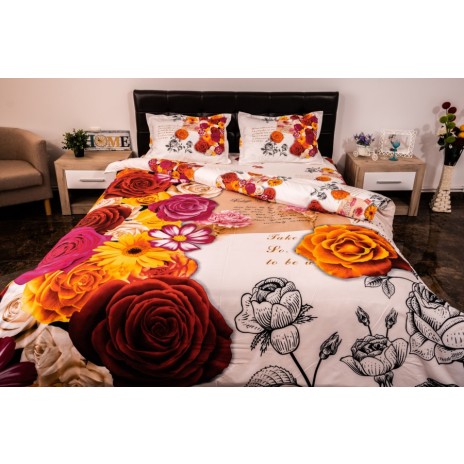 Lenjerie de pat dublu cu imprimeu 3D de flori multicolore și mesaje romantice pe fundal alb. Lenjerii de pat 1+1 gratis.