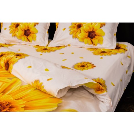 Lenjerie de pat dublu cu imprimeu 3D de flori galbene pe fundal alb. Lenjerii de pat 1+1 gratis.