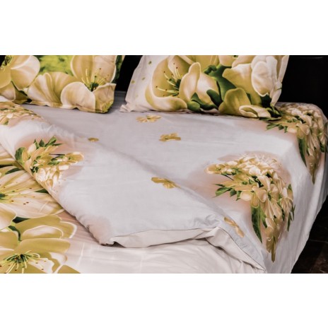 Lenjerie de pat dublu cu imprimeu 3D de flori albe delicate pe fundal alb. Lenjerii de pat 1+1 gratis.