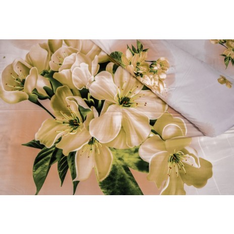 Lenjerie de pat dublu cu imprimeu 3D de flori albe delicate pe fundal alb. Lenjerii de pat 1+1 gratis.