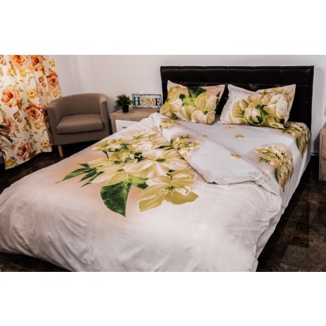 Lenjerie de pat dublu cu imprimeu 3D de flori albe delicate pe fundal alb. Lenjerii de pat 1+1 gratis.