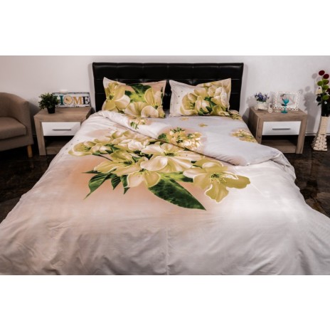 Lenjerie de pat dublu cu imprimeu 3D de flori albe delicate pe fundal alb. Lenjerii de pat 1+1 gratis.