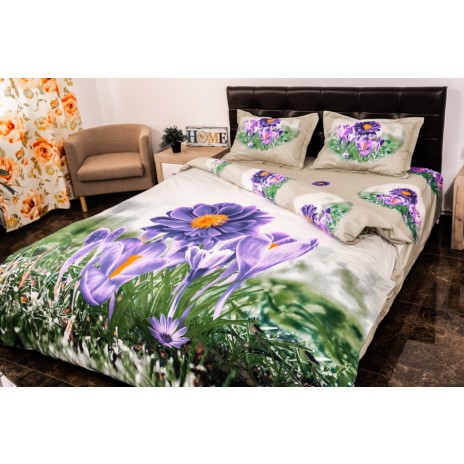 Lenjerie de pat dublu cu design de grădină de flori violet. Lenjerii de pat 1+1 gratis.