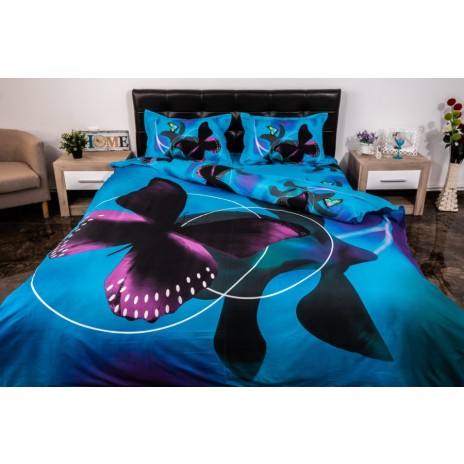 Lenjerie de pat dublu 3D cu fluture pe fundal albastru, lenjerii de pat 1+1 gratis.