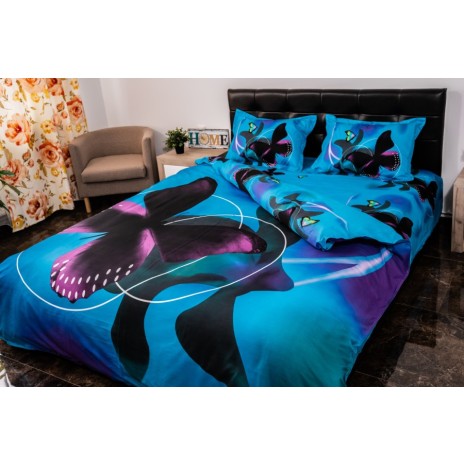 Lenjerie de pat dublu 3D cu fluture pe fundal albastru, lenjerii de pat 1+1 gratis.