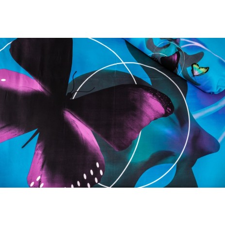 Lenjerie de pat dublu 3D cu fluture pe fundal albastru, lenjerii de pat 1+1 gratis.