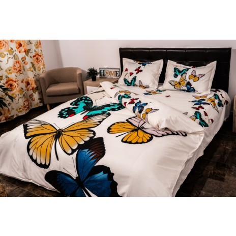 Lenjerie de pat dublu cu imprimeu 3D de fluturi colorați pe fundal alb. Lenjerii de pat 1+1 gratis.